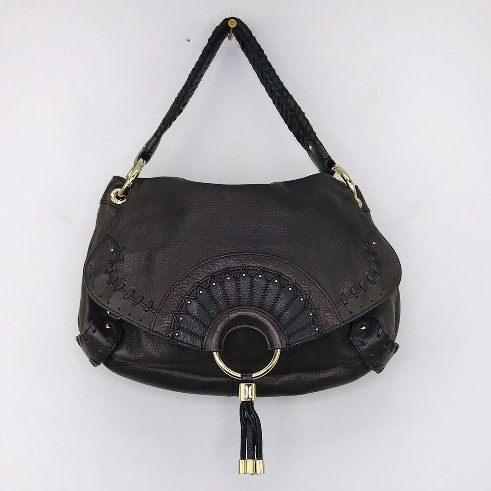 Cole Haan Pocketbook Purse Shoulder Bag Braided Strap Tassels Leather Brown Flaw